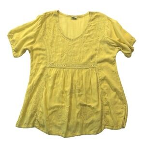 Yellow Embroidered Tunic Top Free Size Short Sleeve V Neck Rayon Indian Beauty